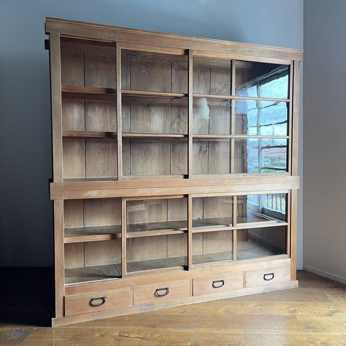 d*u様 レトロ水屋箪笥 アンティーク食器棚 木製ガラス戸棚 モール