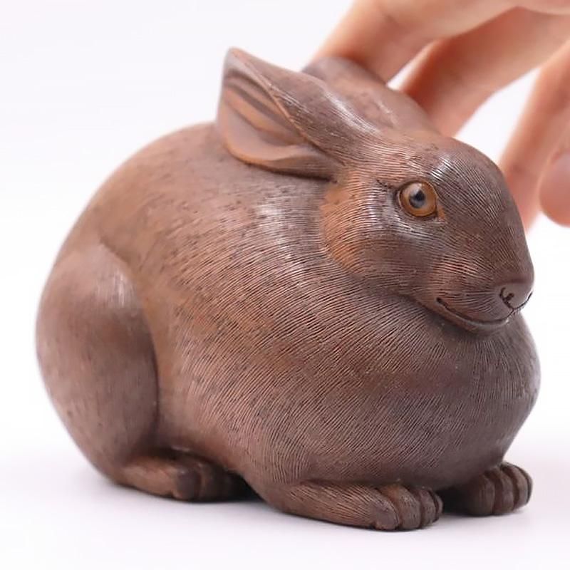 木製 ふくらうさぎ 細密 彫刻 木彫り 毛掘り 兎 卯 かわいい 動物