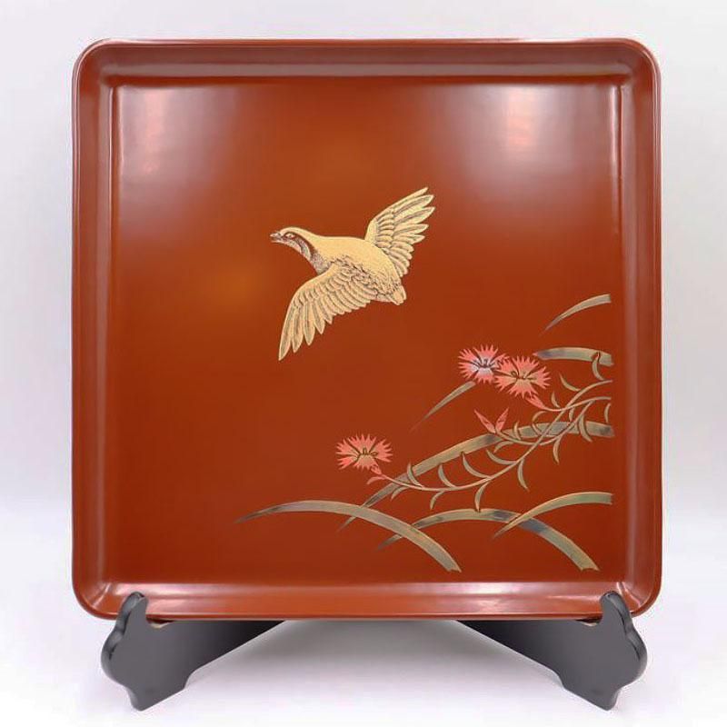 折敷 輪島塗 古代朱 沈金 昭和初期 36cm四方盆