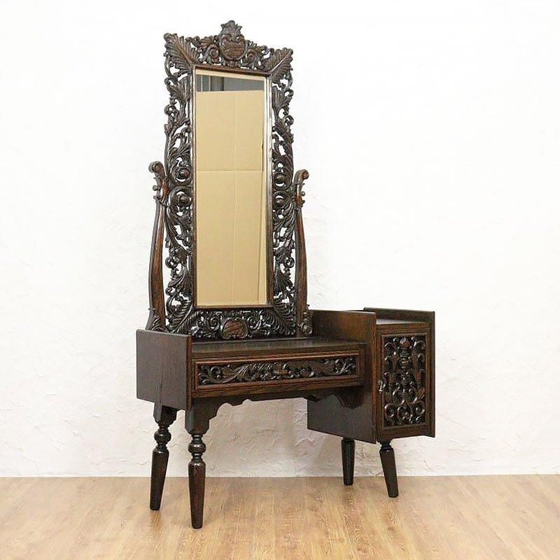 レトロな彫刻入りナラドレッサー｜幅85.5奥行35.5高さ148｜収納力抜群