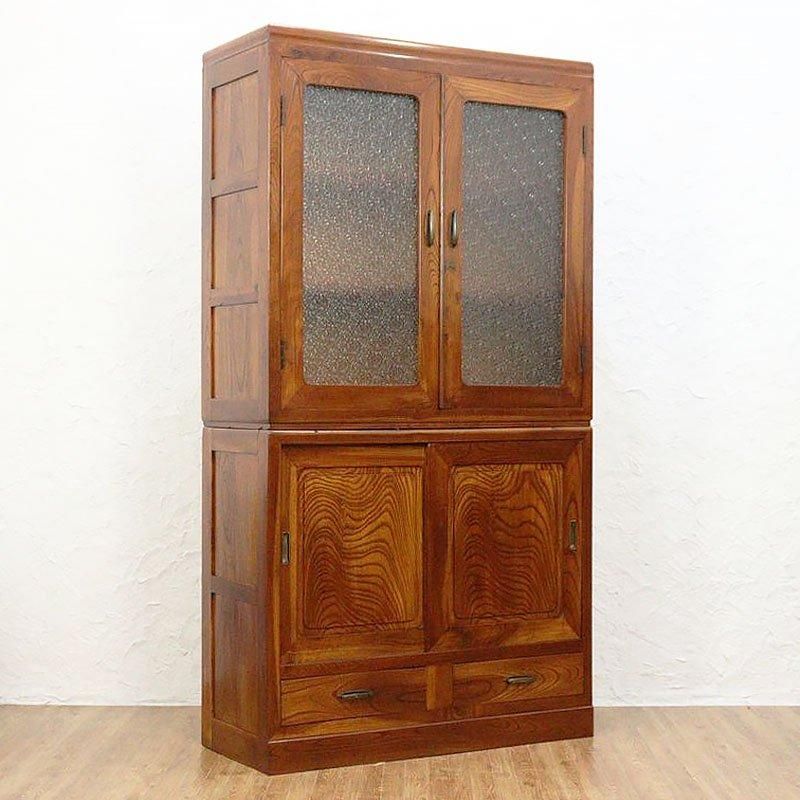 キャビネット ケヤキ材 ダイヤガラス 食器棚 昭和中期