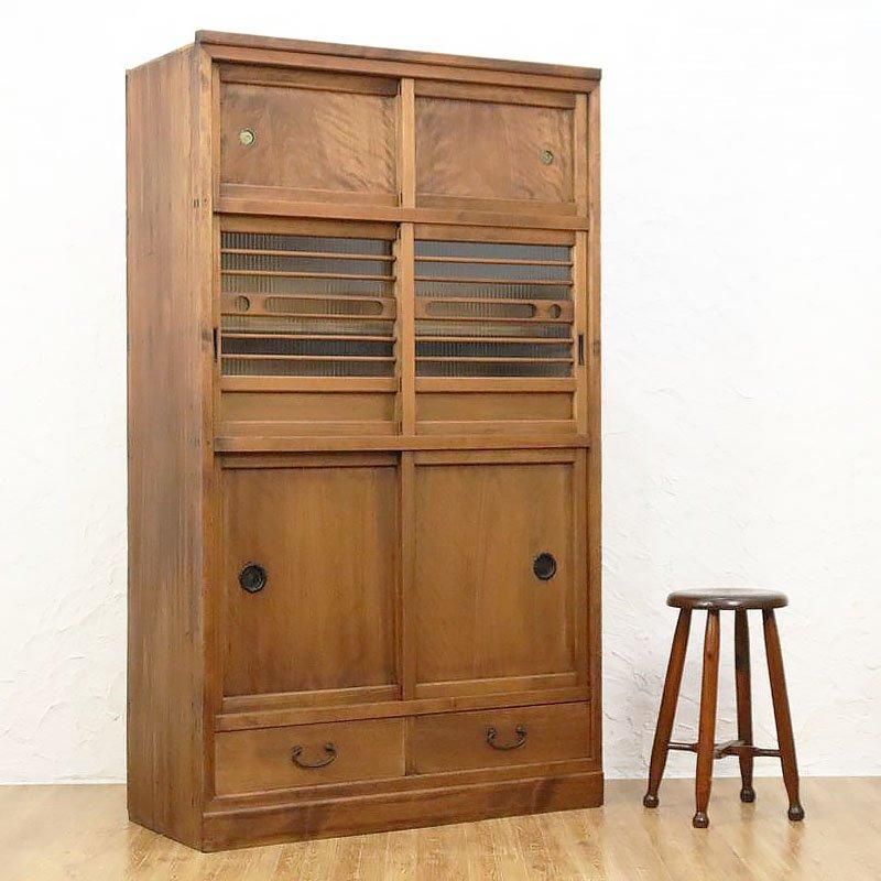 キャビネット 水屋箪笥 モールガラス入り 大正昭和 和モダン