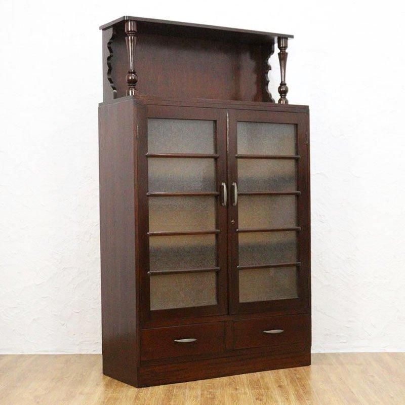 昭和期 すりガラス柱本箱 引出し付収納棚