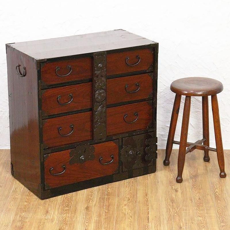 明治大正の閂付き小箪笥｜落ち着いた朱色が魅力｜状態良好