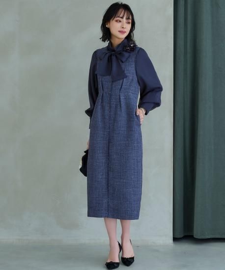 ミックスツイードコンビ・ロングナローワンピースドレス「U1206」