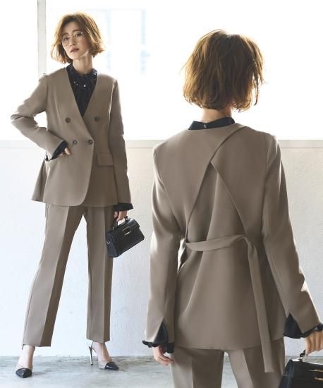 バッククロスケープダブルブレストジャケット＆ストレートパンツスーツ