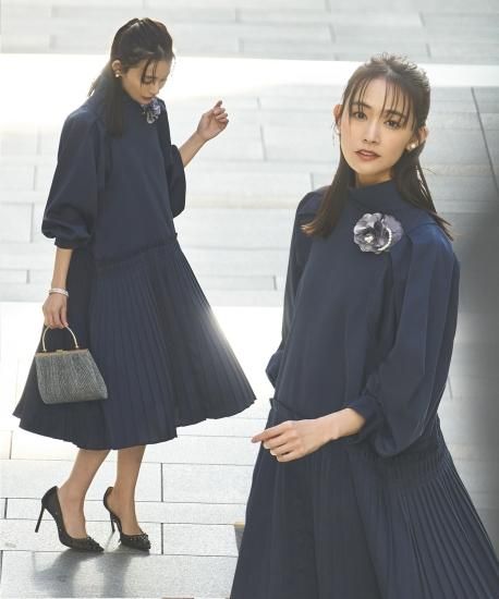 インショルダータックスリーブプリーツワンピース「U1334」