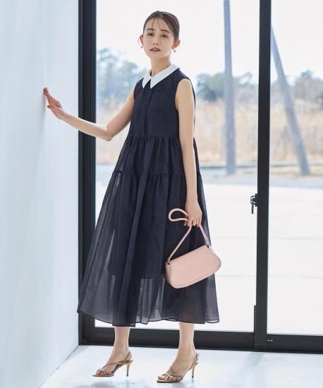 襟付きシアージャカードギャザーフレアワンピース 「CU1536」