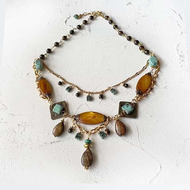 ヴィンテージ ビーズ ネックレス 大粒 ブラウン グリーン 天然石