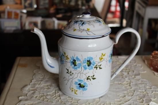 フランス アンティーク ハンドペイント ブルーフラワー ホーローポット