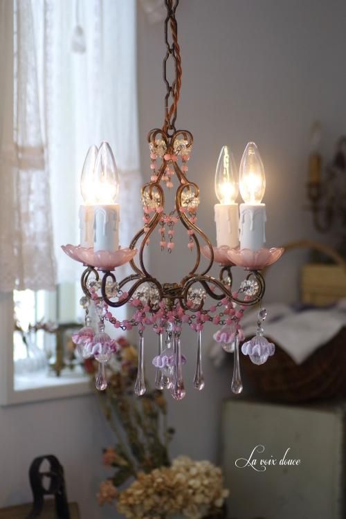 978フランスアンティークピンクオパリンガラスドロップcage4灯