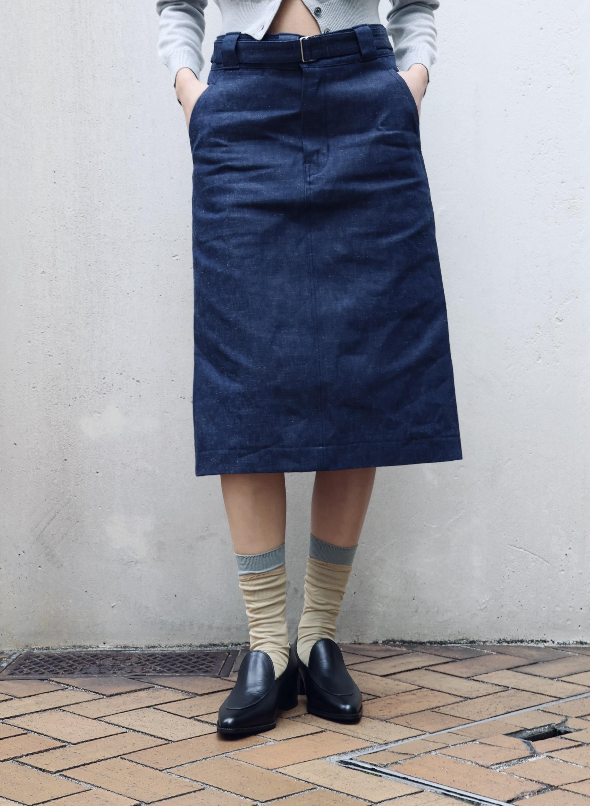 FUMIKA UCHIDA： NEPPED DENIM BELTED SKIRT - INDIGO - ORANN ONLINE SHOP