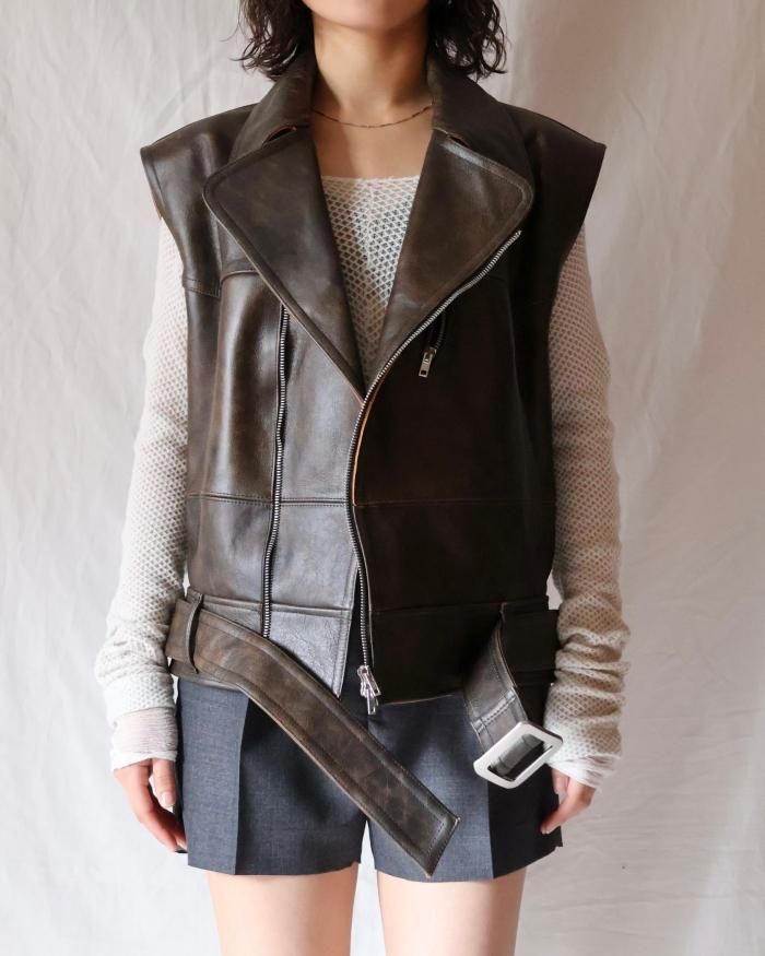 FUMIKA UCHIDA： LEATHER SLEEVELESS DOUBLE RIDERS JACKET - BLACK