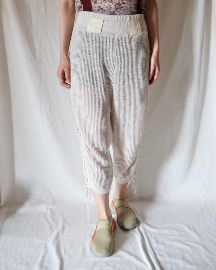 FUMIKA UCHIDA： KNITTED LINEN SIDE LACE-UP PANTS - OYSTER - ORANN