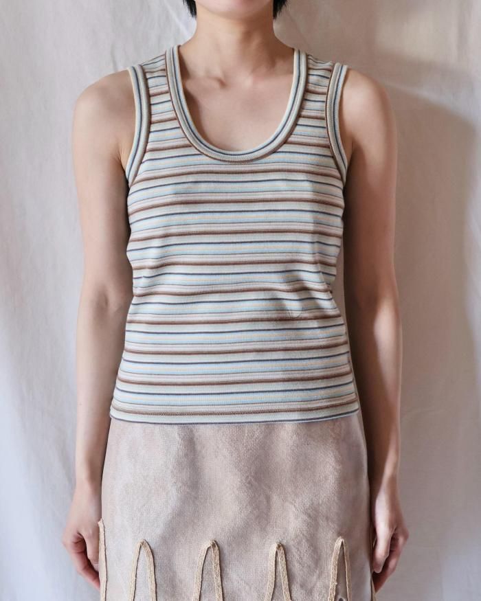 FUMIKA UCHIDA： MULTICOLOR STRIPE U-NECK TANKTOP - WHT/BGE/BRW