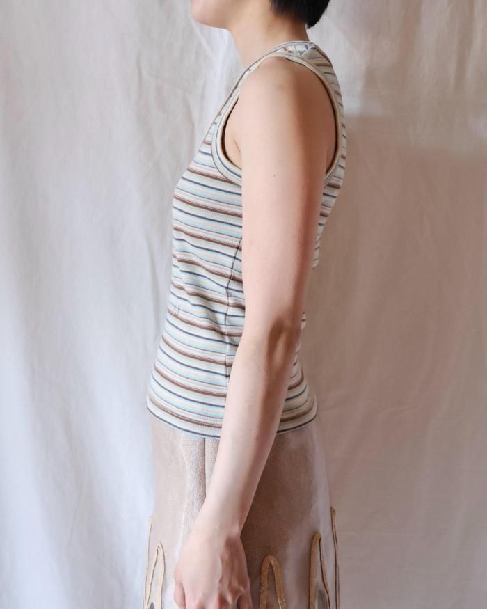 FUMIKA UCHIDA： MULTICOLOR STRIPE U-NECK TANKTOP - WHT/BGE/BRW