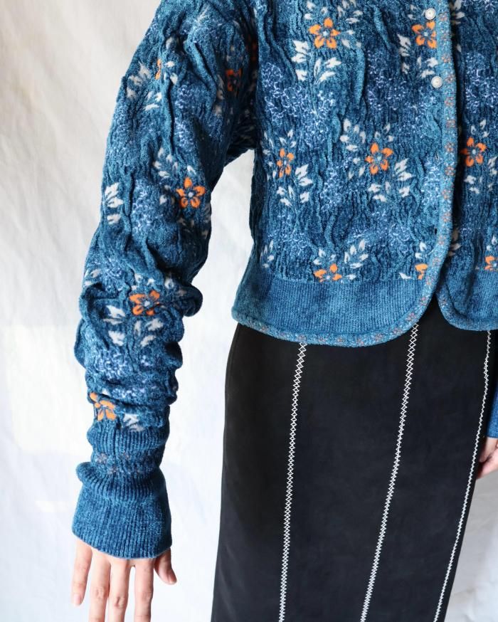 Mame Kurogouchi：Floral Motif Chenille Knitted Cardigan - BLUE