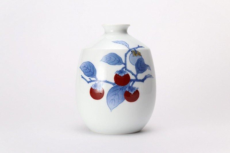 柿右衛門窯 染錦柿文肩付瓶