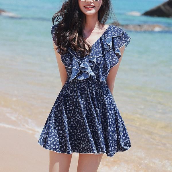 水着 ワンピース水着 フリル Vネック 花柄 フレアスカート