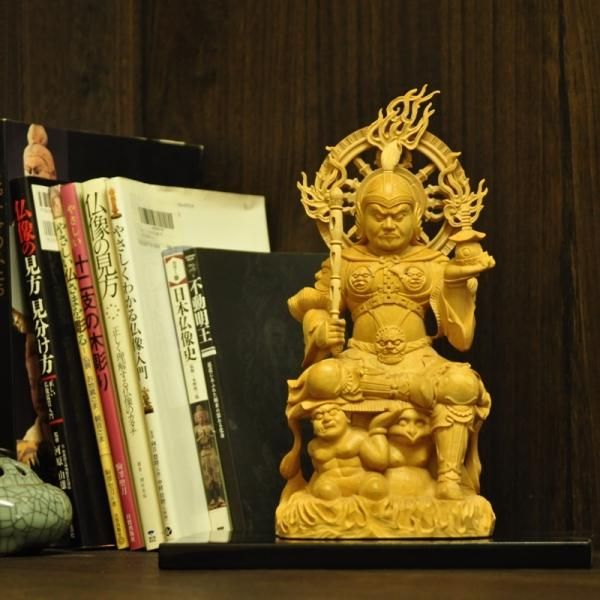 夏瑞分作 【極上彫毘沙門天半跏像】 柘植 総高29cm