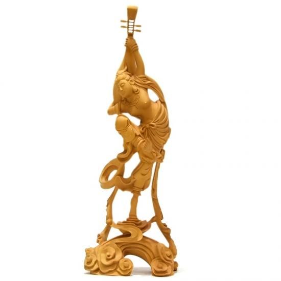 柘植飛天（天女） 一本彫り 総高34cm