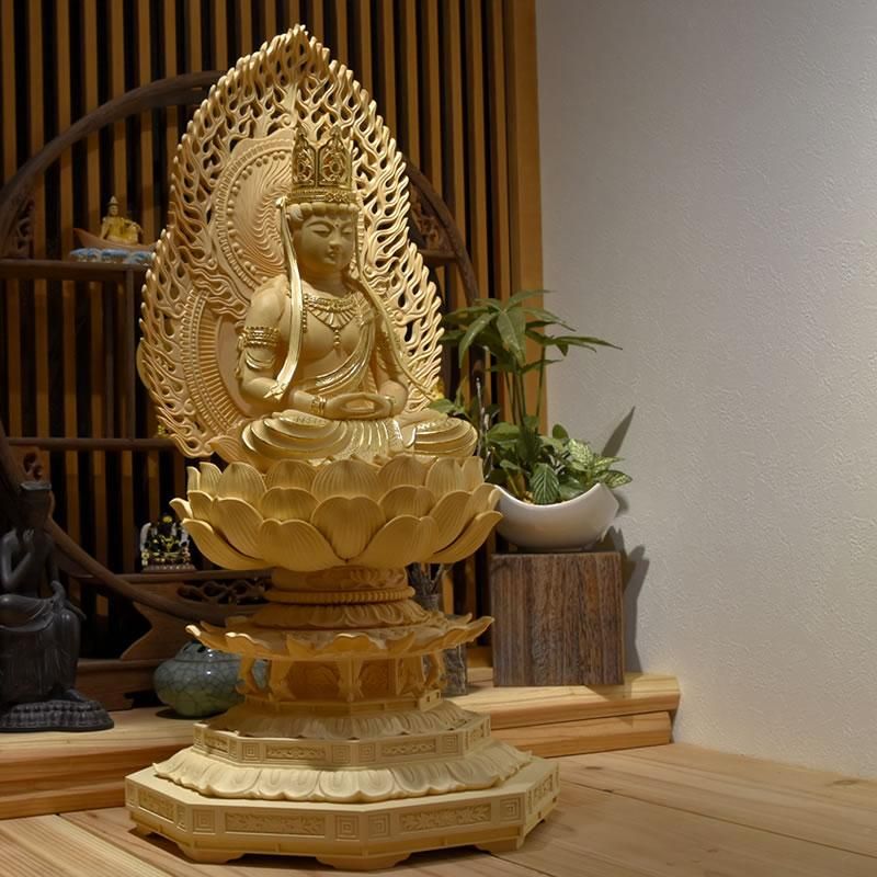 桧木胎蔵界大日如来 火炎光背八角台 坐6.0寸 総高60cm 仏像本体切金