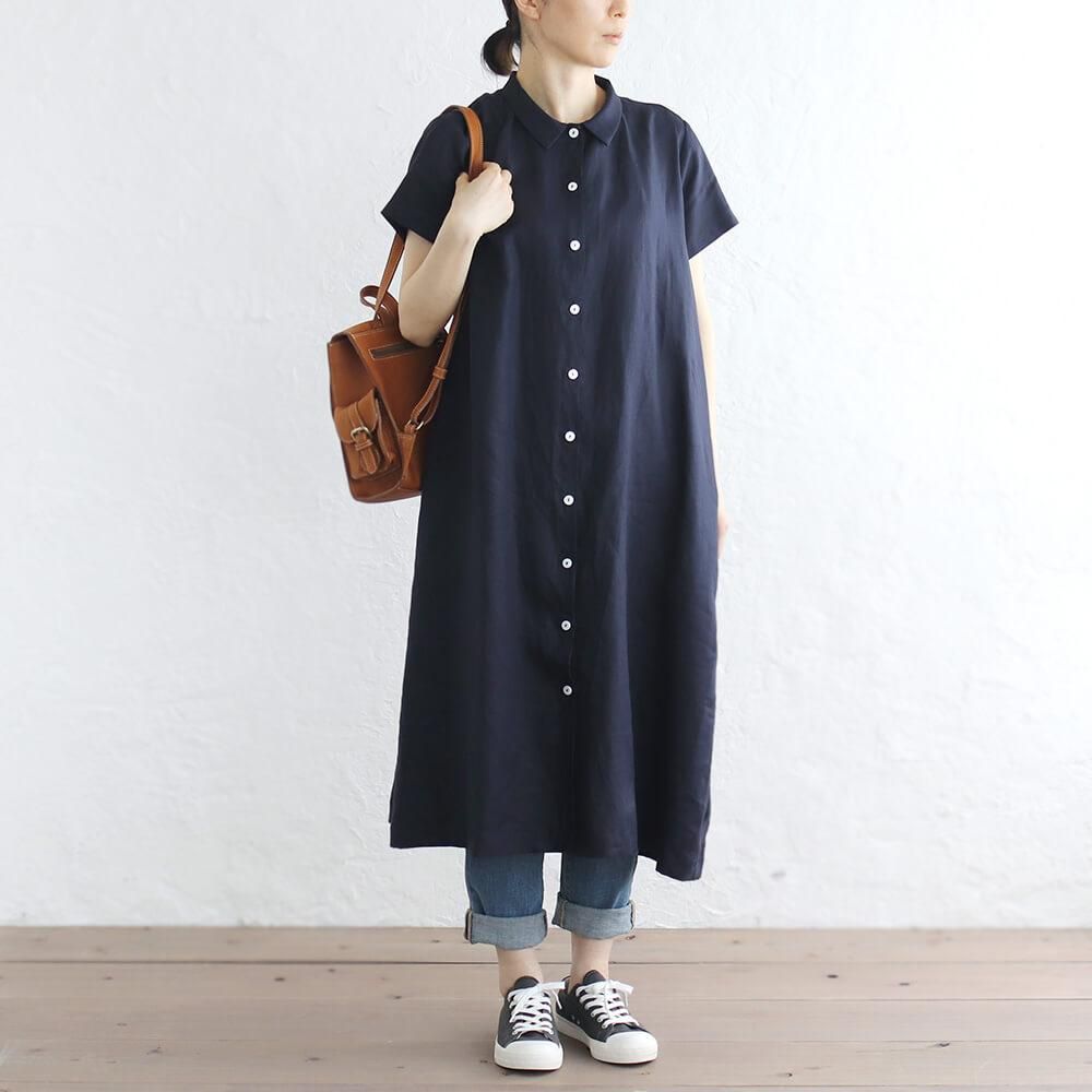 リネン 2way半袖シャツワンピース （ネイビー） | アジアの手仕事