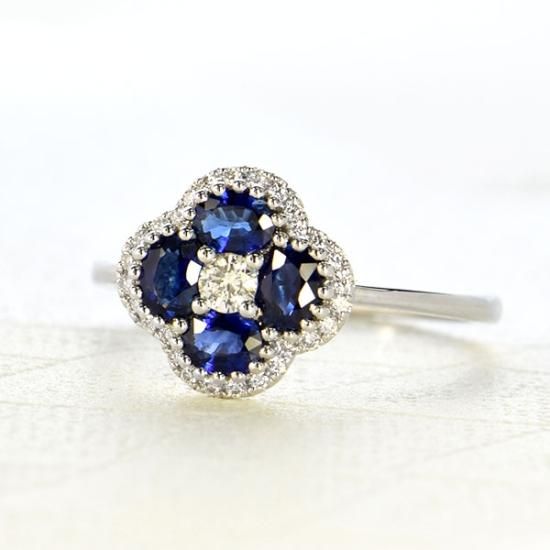 サファイア ダイヤモンド リング K18 ホワイトゴールド クローバー 四