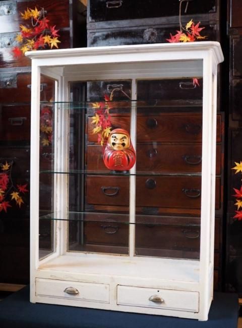 昭和レトロ古い雰囲気のガラスショーケース 白ケビント 昭和前期 古録