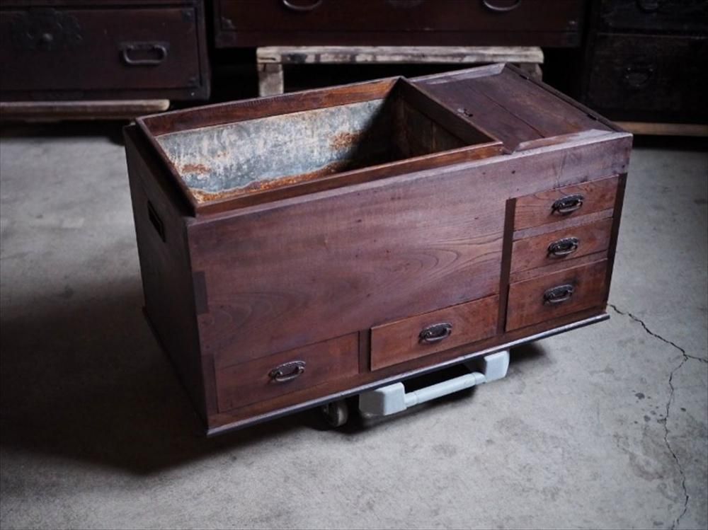欅造り重量級長火鉢 昭和初期 古録展 送料別 Kサイズ 中古 品番K1923