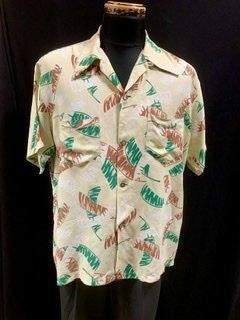 40s 当時もの ロングポイント ハワイアンシャツ アトミック柄 椰子の木
