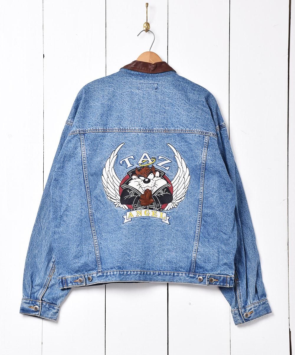 襟レザー タズマニアンデビル刺繍 デニムジャケット TAZ - 古着屋