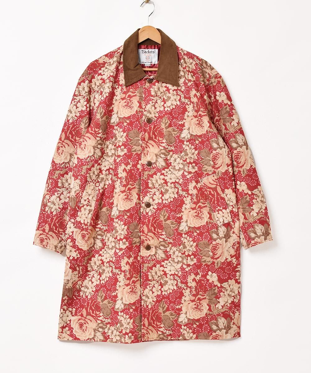 Backers」花柄 コーデュロイ襟 ロングコート レッド - 古着屋