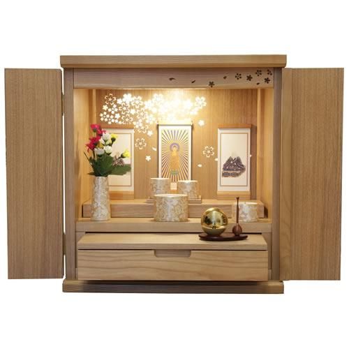 ミニ仏壇 モダン仏壇 シェリー 16号 ナチュラル色 桜透かし彫り ツイン