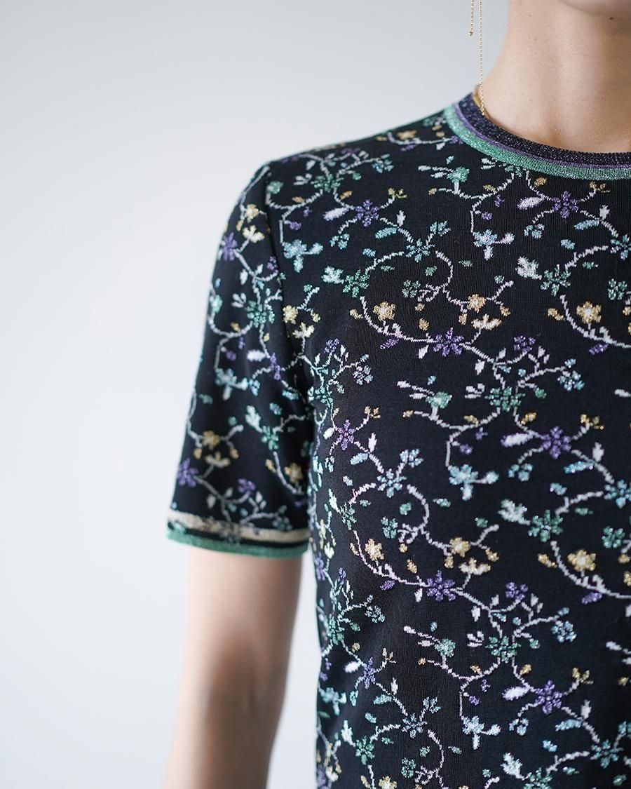 Mame Kurogouchi Floral Motif Glitter Short Sleeve Knit Top - Altamira