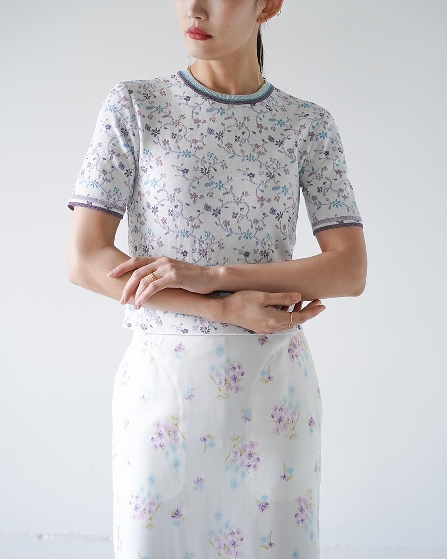 Mame Kurogouchi Floral Motif Glitter Short Sleeve Knit Top - Altamira