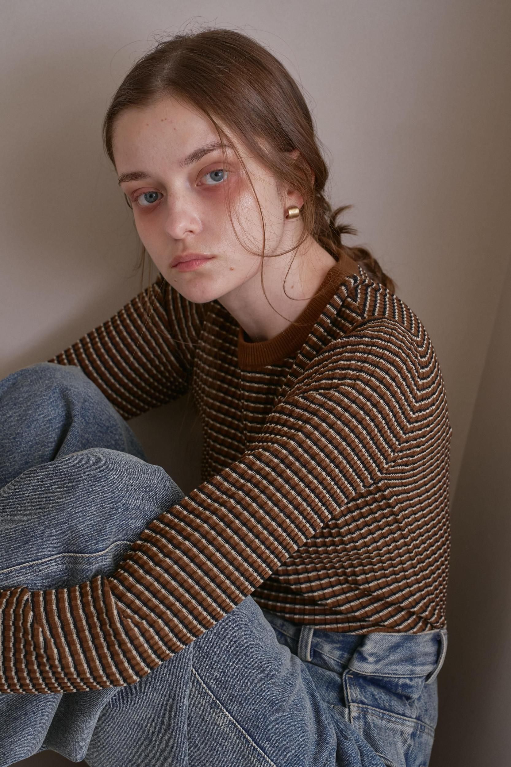 ミニボーダーニットトップス（BROWN） - PINUE