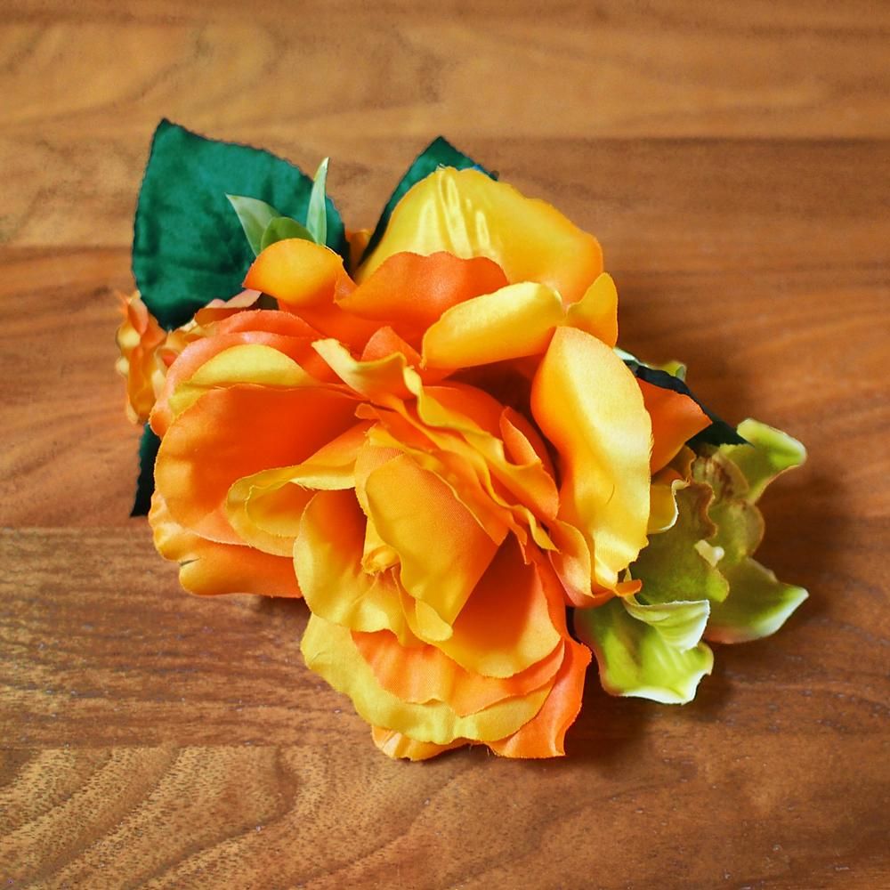 ヘアクリップ46 オレンジ キングローズ＆シンビジューム【お届けまで3