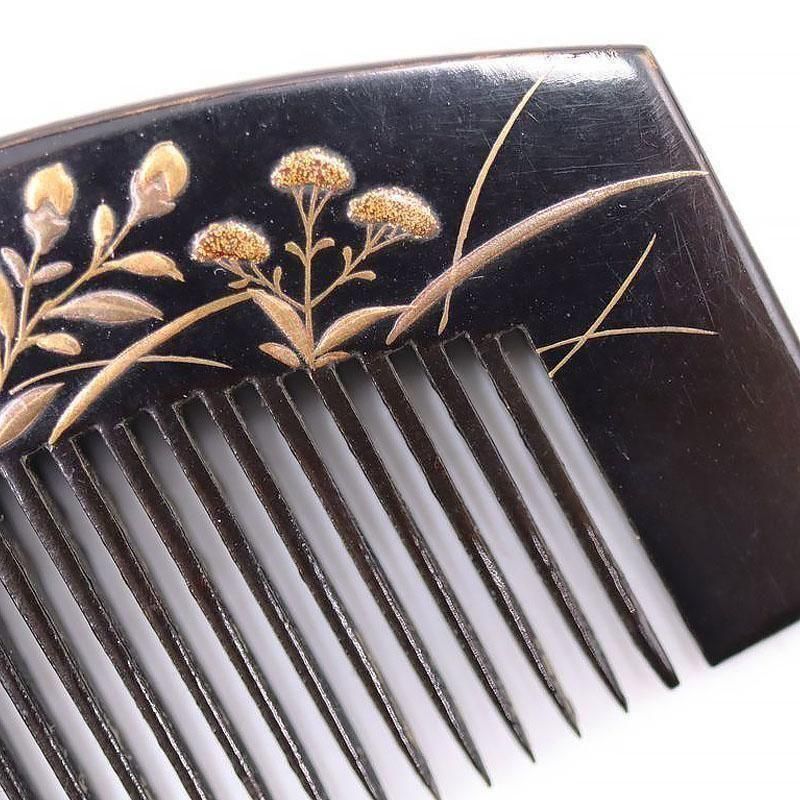 日本製 黒塗り金蒔絵 螺鈿入り 櫛 おしゃれアンティーク