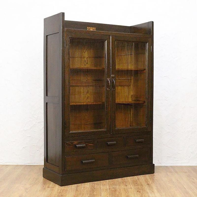 昭和レトロ風ガラス扉本箱 収納棚 引出し付き