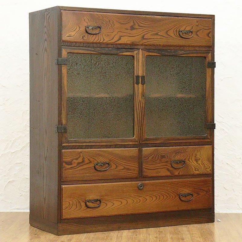 ヴィンテージ 結霜ガラス 茶箪笥 大正昭和レトロ 和家具