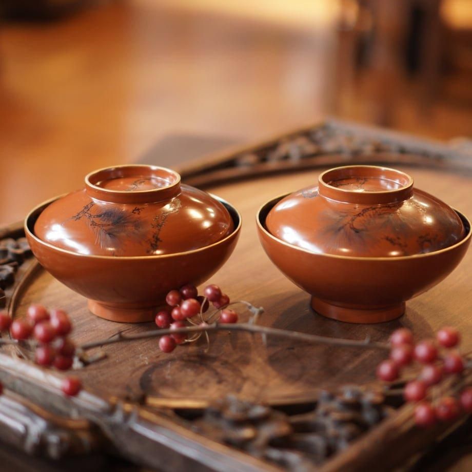 ヴィンテージ 漆器椀 蓋付き 朱塗り 明治 骨董 2客セット