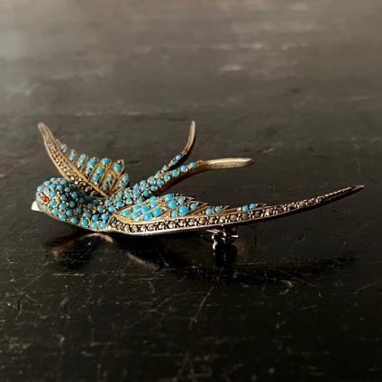 1950's Silver Glass Marcasite Swallow Brooch（1950年代 シルバー