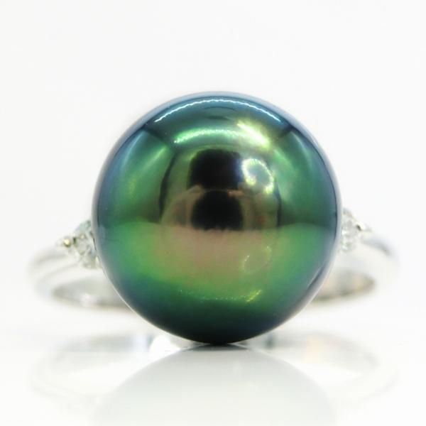 ピーコックグリーン 黒蝶真珠 ダイヤモンドリング P 10.7mm D 0.08ct Pt900
