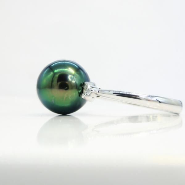 ピーコックグリーン 黒蝶真珠 ダイヤモンドリング P 10.7mm D 0.08ct Pt900