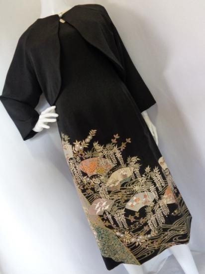 糸目刺繍 黒留袖から ワンピース & ボレロジャケット 牡丹 藤 梅 鶴 13
