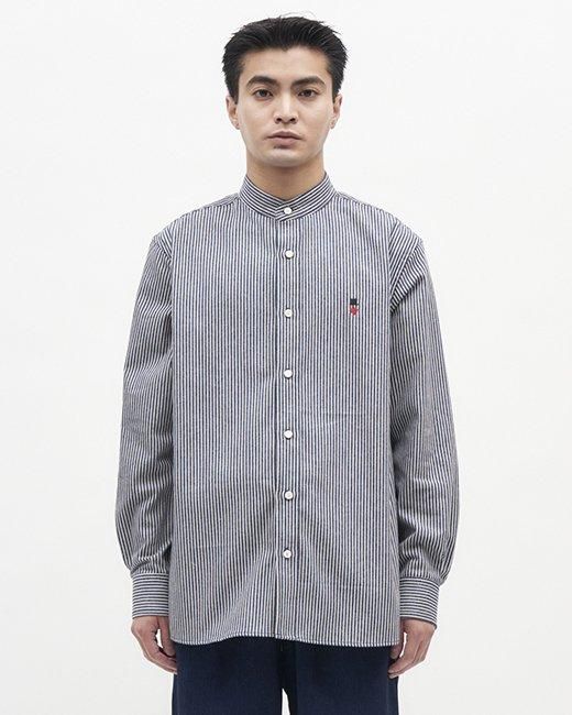 ヒッコリーストライプ スタンドカラーシャツ（長袖）