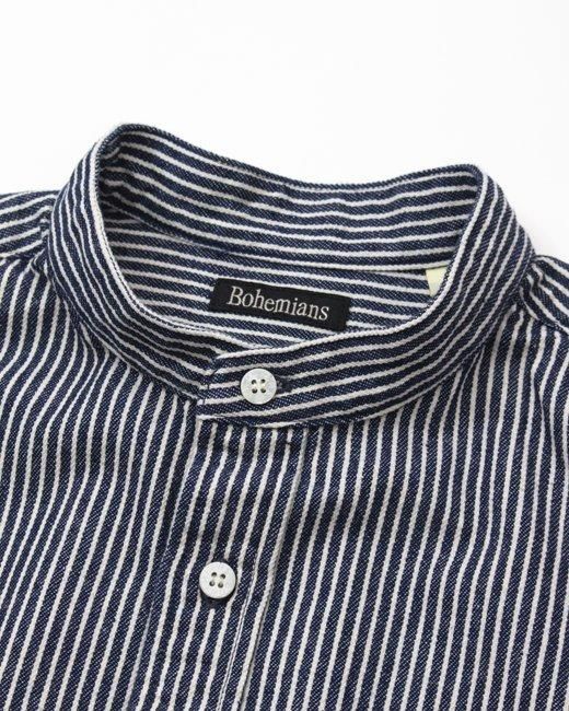 ヒッコリーストライプ スタンドカラーシャツ（長袖）