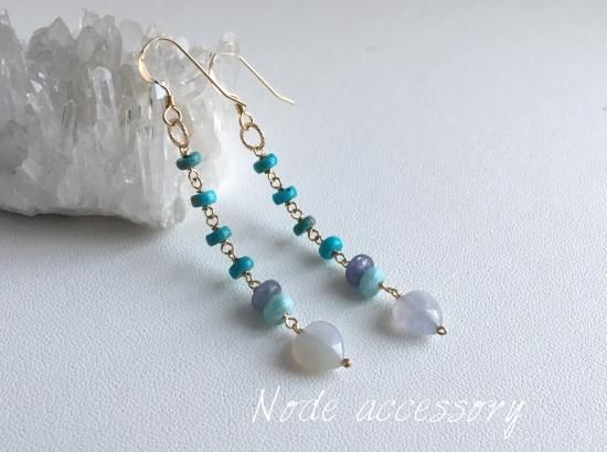 K14GF ブルーカルセドニー＆ターコイズ ぷっくりハートロングピアス