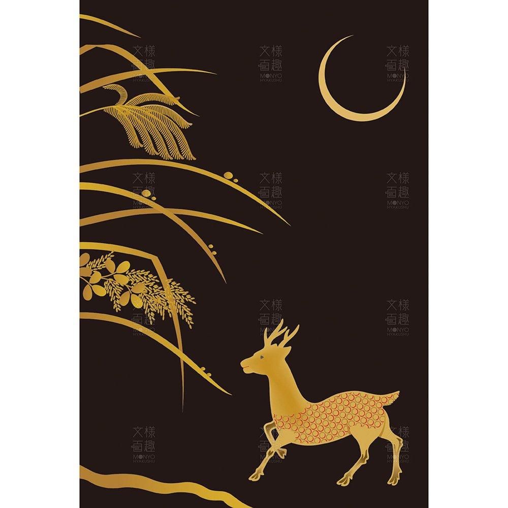 蒔絵文机の弦月に鹿文 - 伝統文様のデザイン素材なら【文様百趣ONLINE
